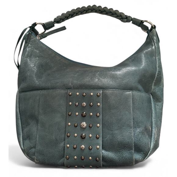 Brighton Hobo Handbag Bag Purse Braided Handle Silver Grommets Blue Turquoise - Picture 1 of 13